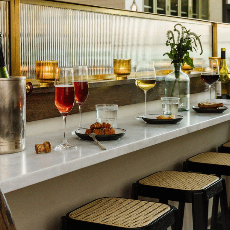La Fête restaurant, Morris Avenue, elegant white marble bar with food and drinks set out