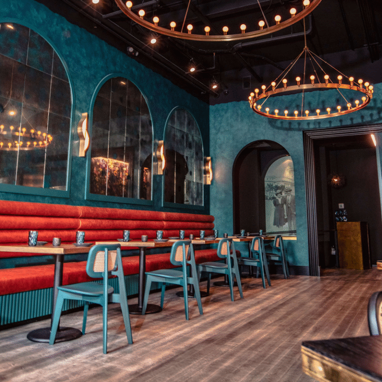 Cayo Coco restaurant, Morris Avenue, dining area with blue walls and red booths
