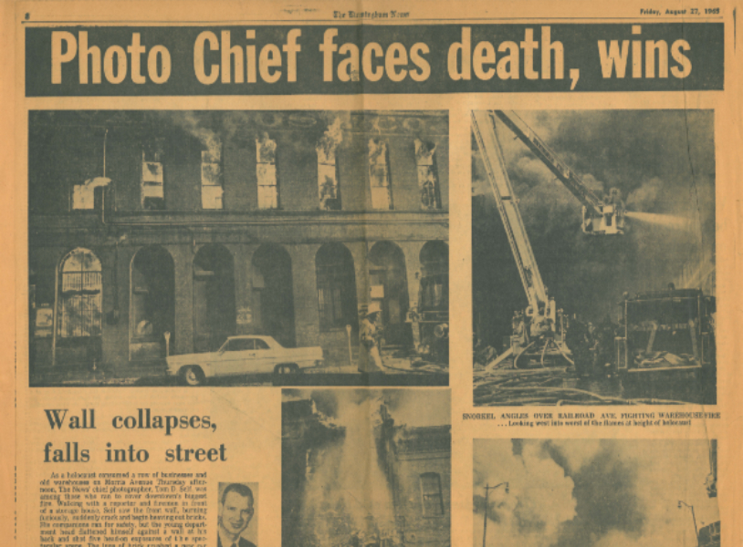 Morris Avenue, old newspaper reading "Photo Chief faces death, wins" with images of building wall collapsing