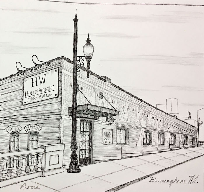 Hollis, Wright and Clay, attorneys at law, Morris Avenue, pen and ink illustration of company building exterior