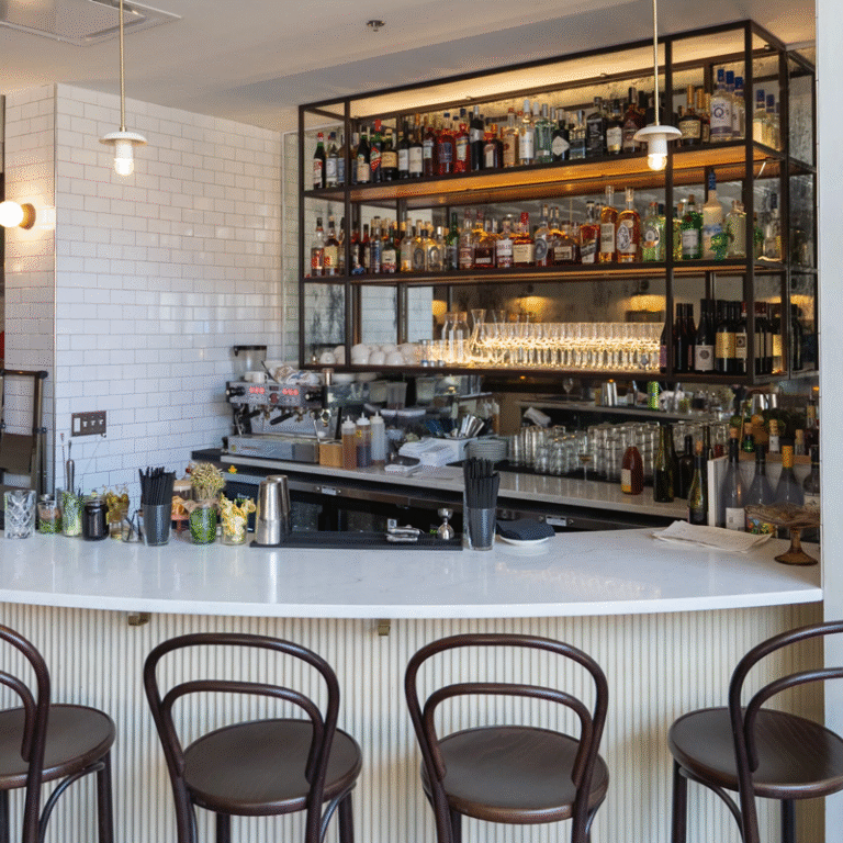The Essential restaurant, Morris Avenue, white bar with wooden stools, drinks on shelves behind