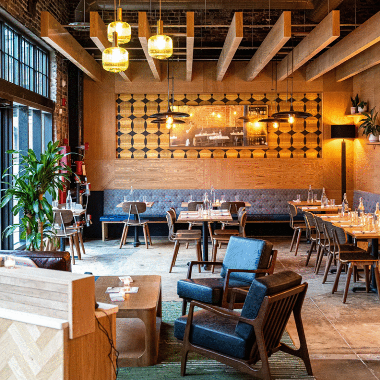 Wooden City restaurant, Morris Avenue, dining area with wooden tables and chairs and ambient lighting